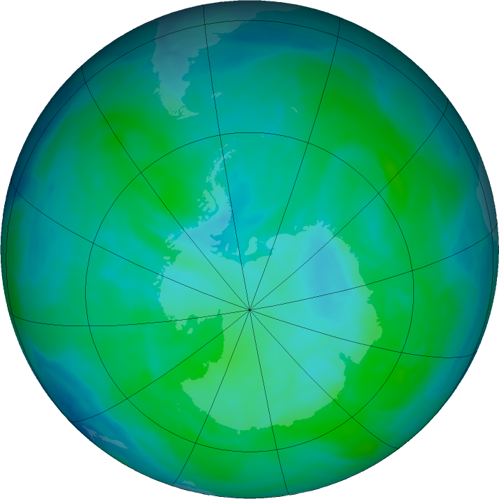 Antarctic ozone map for 01 January 2016